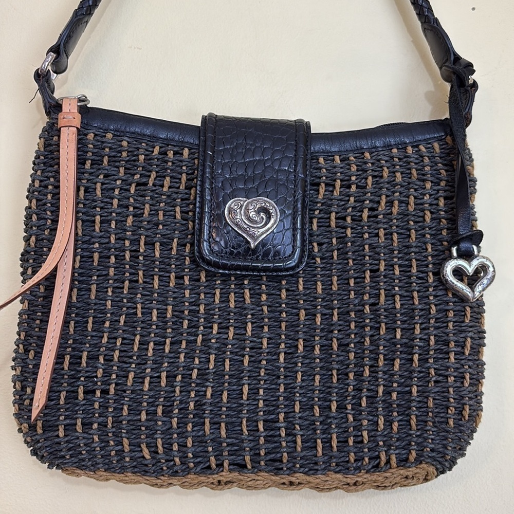 Brighton | Black Brown Woven Leather Trim Zip Top Magnetic Flap Shoulder Bag - Picture 2 of 13